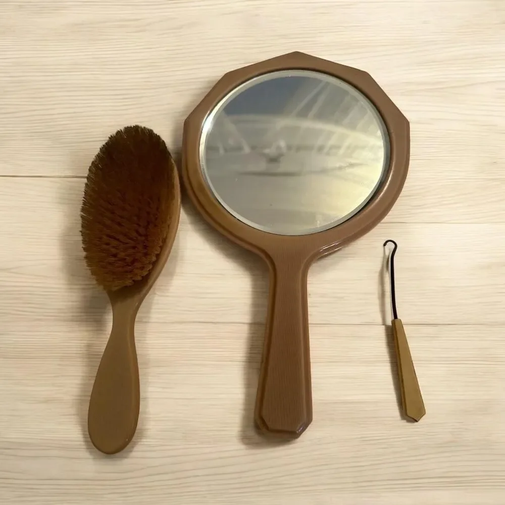 Vintage Yellow Celluloid Vanity Set, mirror, brush, button hook.